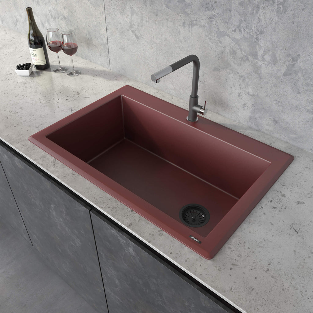 epiGranite Model: RVG1033RD Ruvati 33 x 22 inch Granite Composite Quartz Drop-in Topmount Single Bowl Kitchen Sink – Carnelian Red – RVG1033RD