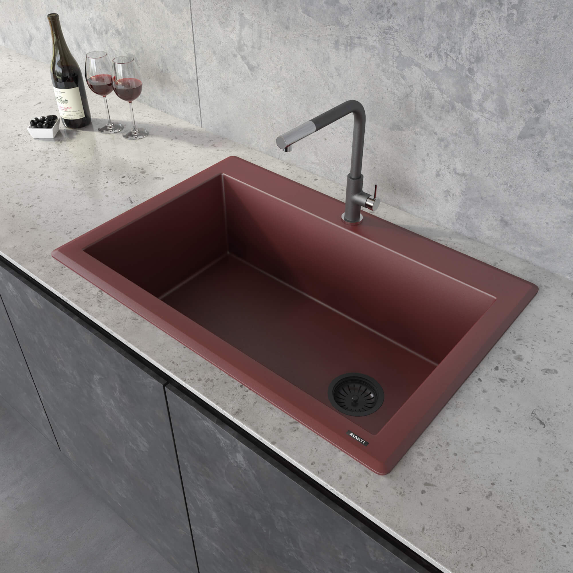epiGranite Model: RVG1033RD Ruvati 33 x 22 inch Granite Composite Quartz Drop-in Topmount Single Bowl Kitchen Sink – Carnelian Red – RVG1033RD