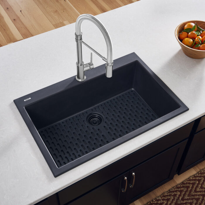 epiGranite Model: RVG1030BK Ruvati 30 x 20 inch epiGranite Drop-in Topmount Granite Composite Quartz Single Bowl Kitchen Sink – Midnight Black – RVG1030BK