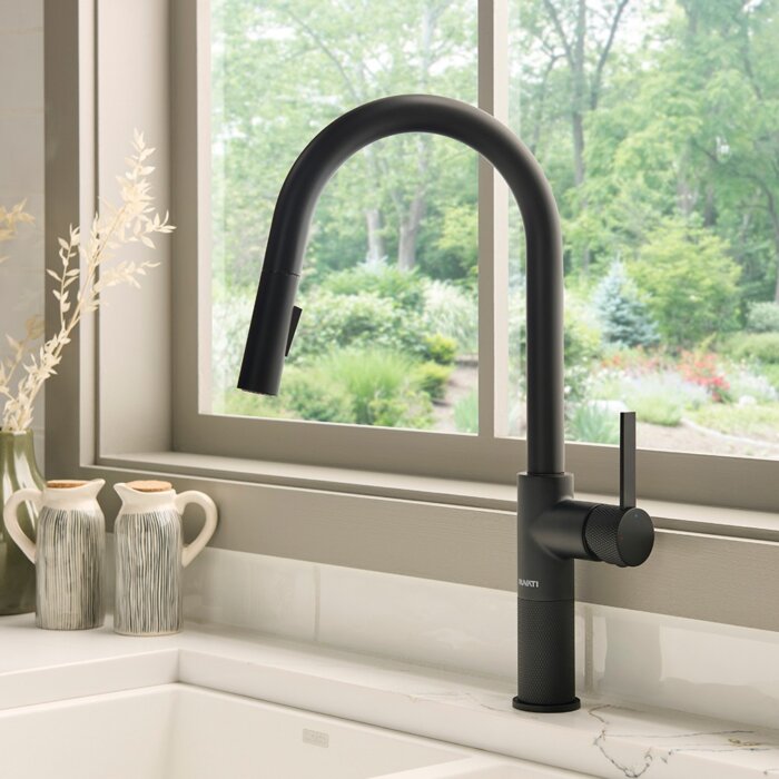 Isola Model: RVF1248MB Ruvati Isola Single Handle Pull Down Kitchen Faucet Modern Knurled with Sprayer in Matte Black – RVF1248MB