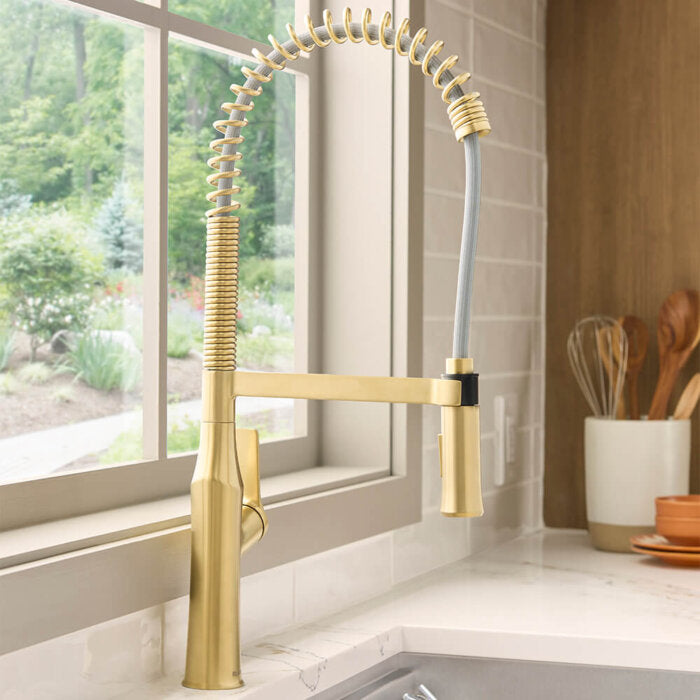 Seneca Model: RVF1233SG Ruvati Seneca Brushed Gold Single Handle Pull Down Kitchen Faucet Tall High Arc Commercial with Pre-Rinse Sprayer – RVF1233SG
