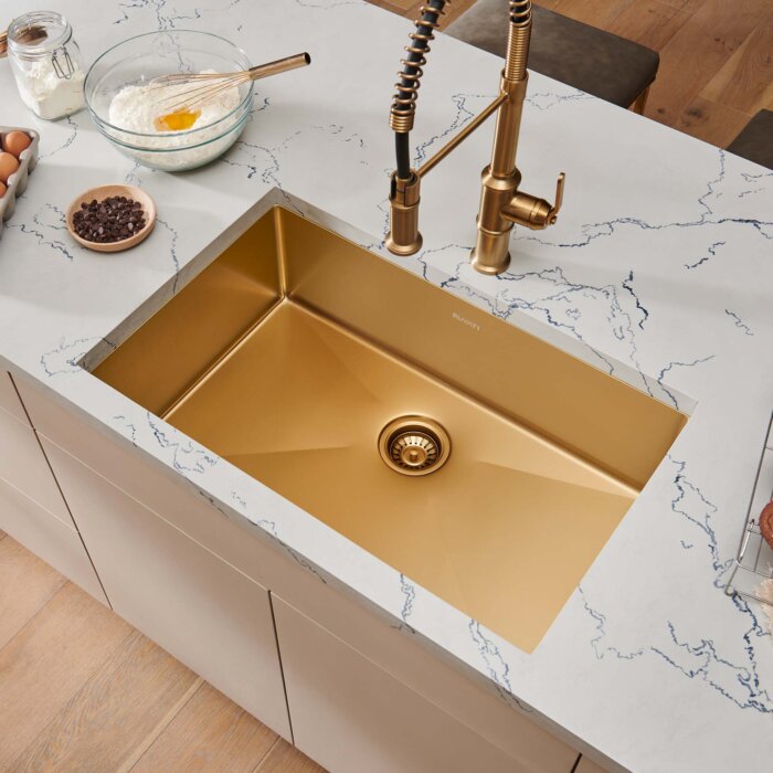 Terraza Ruvati 30" Undermount Satin Matte Gold Stainless Steel Kitchen Sink 16 Gauge Single Bowl – Model# RVH6300GG