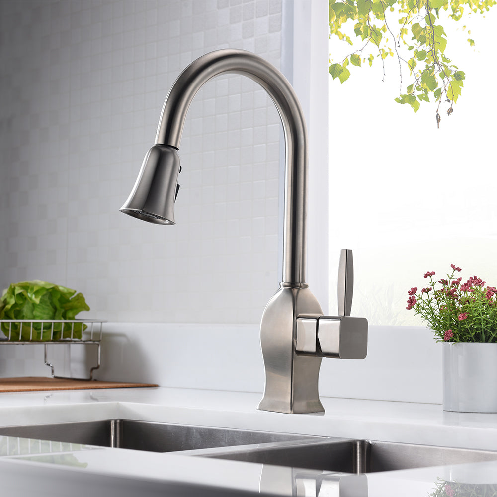 Single Handle 1 Hole Pull-Down Kitchen Faucet in Brushed Nickel – Model# KSK1122BN