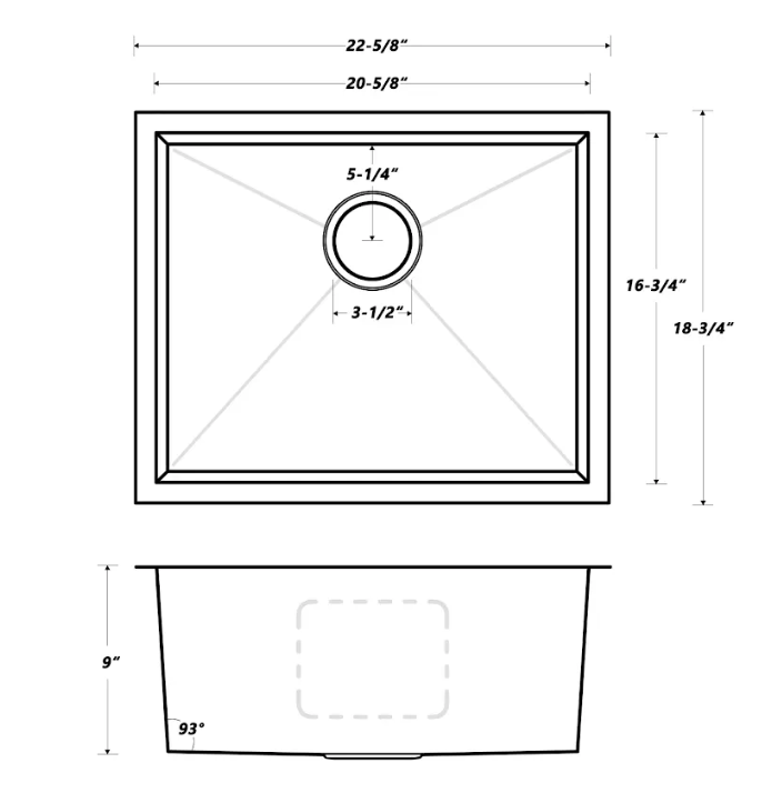 Oakland 22" Under Mount Stainless Steel Kitchen Sink 93 Degree Model# KSH22189R