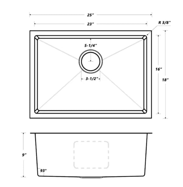 25" Small Radius Undermount Stainless Steel Kitchen/Bar Sink