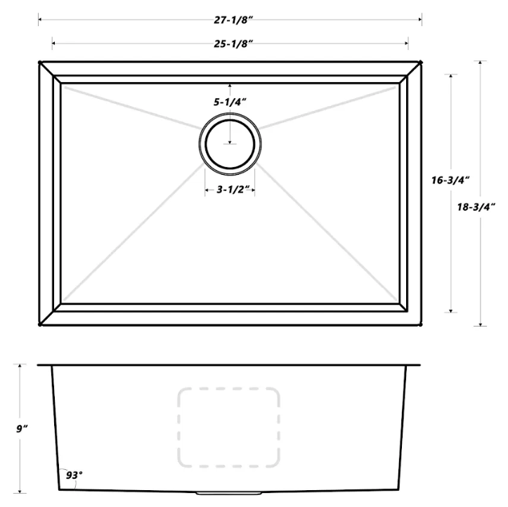 Oakland 27" Undermount Stainless Steel Kitchen Sink 93 Degree Model# KSH27189R