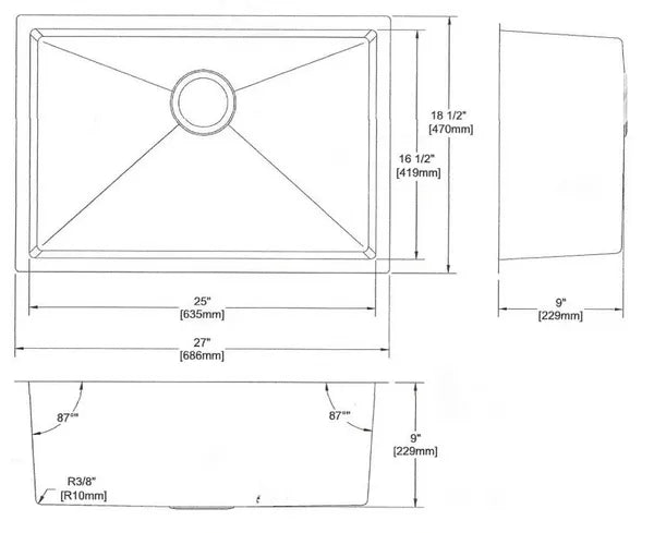 27" Small Radius Undermount Stainless Steel Kitchen/Laundry/Bar Sink