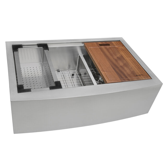 Verona Ruvati 33″ Apron-front Workstation Low-Divide Double Bowl 60/40 Farmhouse Kitchen Sink 16 Gauge Stainless Steel – Model # RVH9201