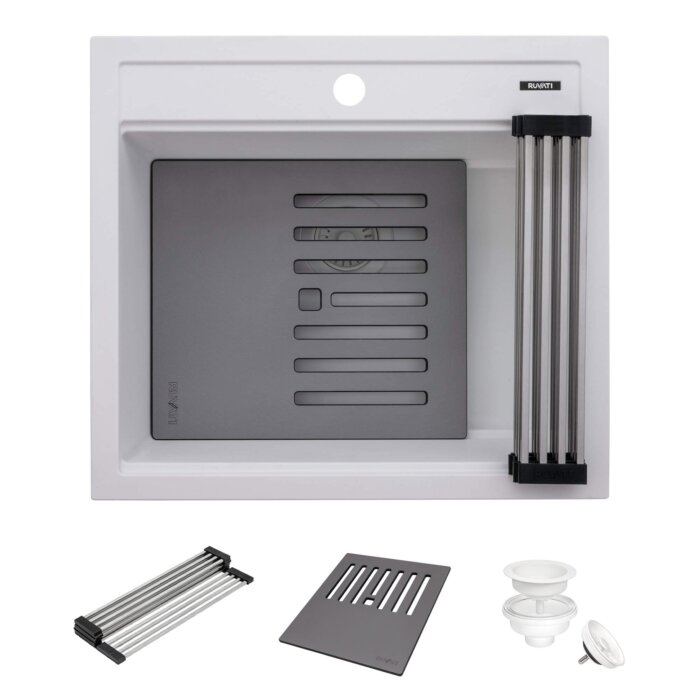 epiCube Model: RVG1622WH Ruvati 23-inch epiCube Granite Composite Quartz Workstation Drop-in Topmount Wet Bar Prep Sink Arctic White Matte – RVG1622WH