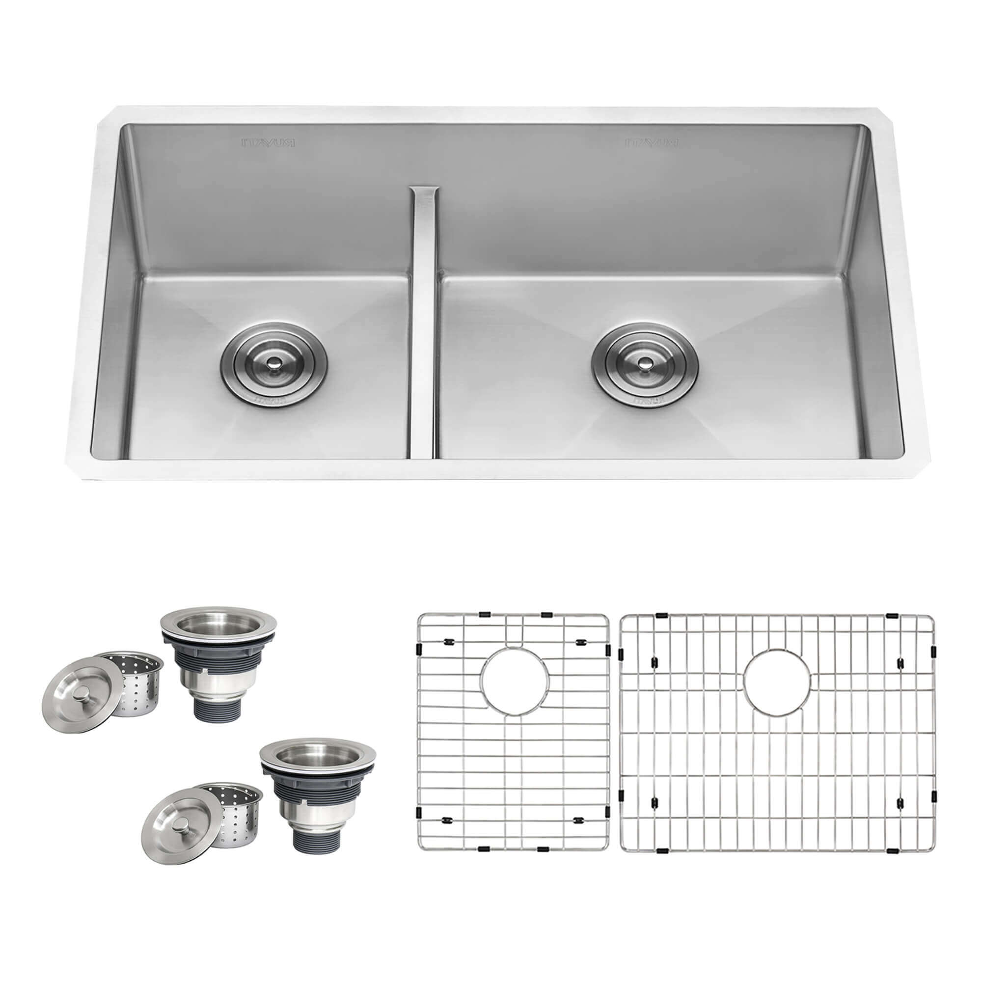 Urbana Ruvati 33" Low-Divide Undermount 40/60 Double Bowl 16 Gauge Rounded Corners Stainless Steel Kitchen Sink – Model # RVH7418