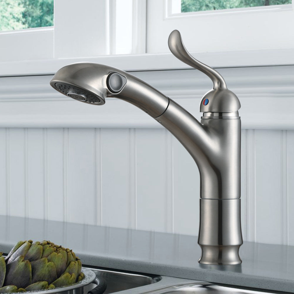 Single Handle 1 Hole Pull-Out Kitchen Faucet in Brushed Nickel Model# KSK1116BN
