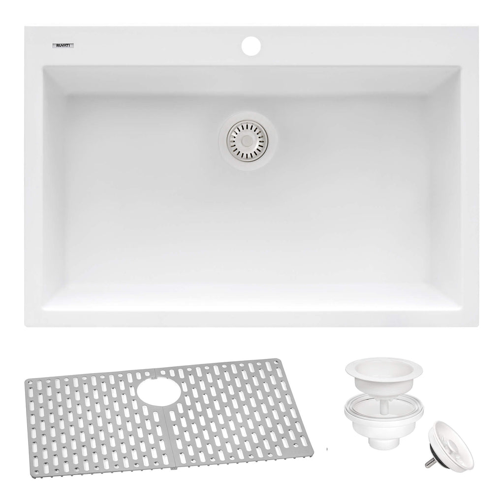 Ruvati 27 x 20 inch Drop-in Topmount Granite Composite Quartz Single Bowl Kitchen Sink – Arctic White Matte – RVG1027WH
