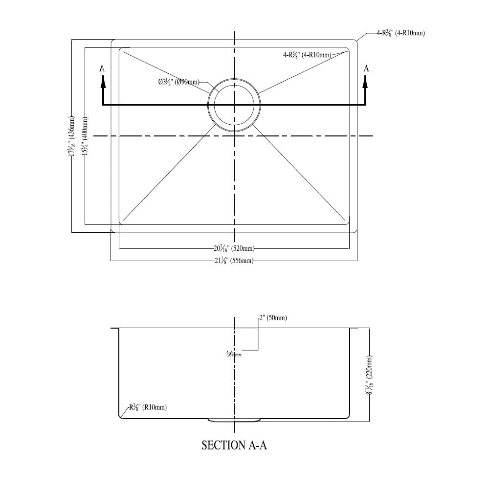 Dawn Extra Small Corner Radius Stainless Steel Undermount Single Bowl Kitchen Sink Model# XSR201609