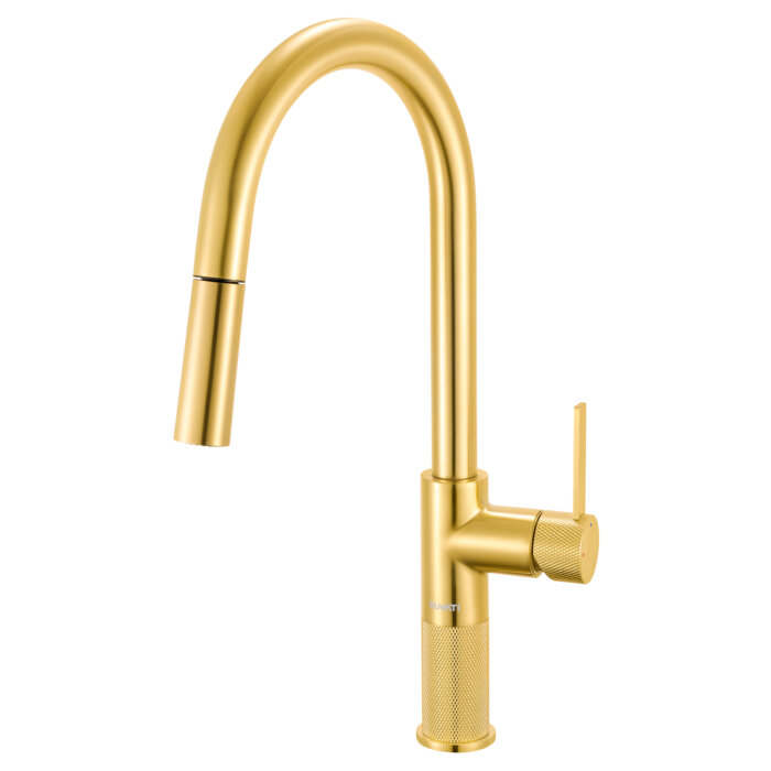 Isola Model: RVF1248SG Ruvati Isola Single Handle Pull Out Kitchen Faucet Knurl Transitional with Sprayer in Brushed Gold – RVF1248SG