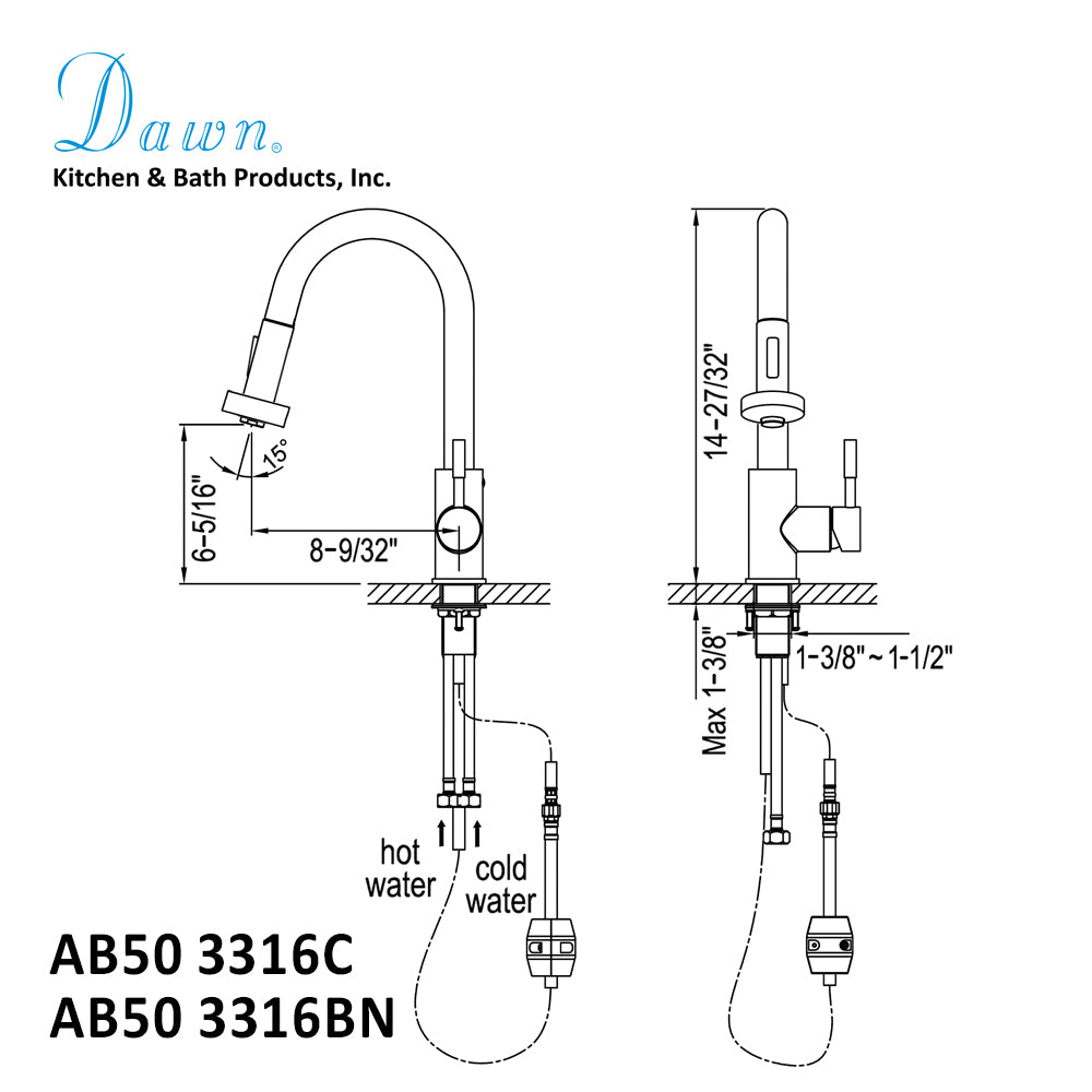 Dawn Single-Lever Pull-Down Spray Kitchen Faucet In Brushed Nickel Model# AB50 3316BN