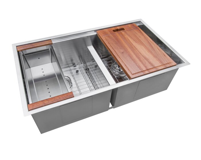 Roma Ruvati 33-inch Workstation Ledge 50/50 Double Bowl Undermount 16 Gauge Stainless Steel Kitchen Sink – Model # RVH8350