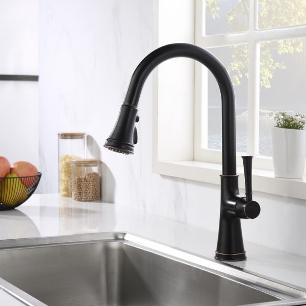 Single Handle 1 Hole Pull-Down Kitchen Faucet in Oil Rubbed Bronze – Model# KSK1129RB