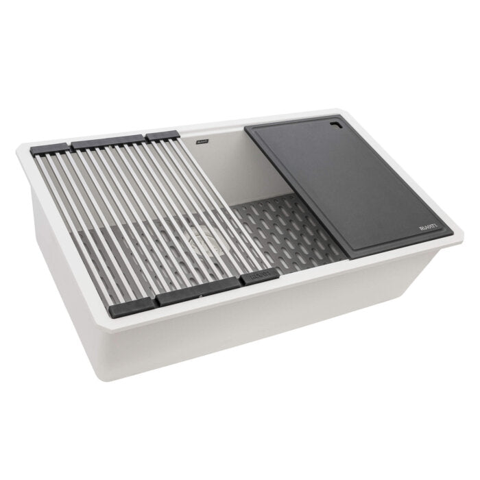 epiStage Model: RVG2306WH Ruvati 33-inch Granite Composite Quartz Workstation Undermount Kitchen Sink Single Bowl Arctic White Matte – RVG2306WH