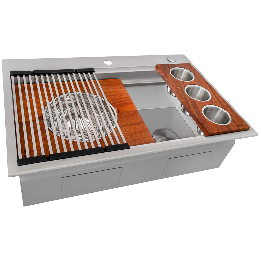 Dual Tier Model: RVH8424 Ruvati 33-inch Workstation Two-Tiered Ledge Kitchen Sink Drop-in Topmount 16 Gauge Stainless Steel – RVH8424