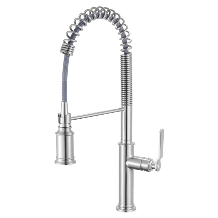 Bianca Model: RVF1238BN Ruvati Bianca Single Handle Pull Down Industrial Pre-Rinse High Arc Kitchen Faucet with Sprayer in Stainless Steel – RVF1238BN