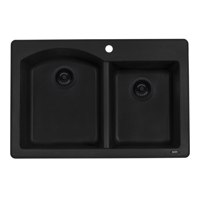 epiGranite Model: RVG1344BK Ruvati 33 x 22 inch epiGranite Drop-in Topmount Granite Composite Quartz Double Bowl Kitchen Sink – Midnight Black – RVG1344BK