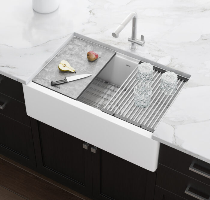 epiCast Ruvati 33-inch Matte White Granite Farmhouse Workstation Apron-front Composite Kitchen Sink – Model# RVG1533WH