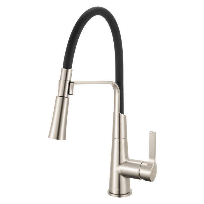 Carina Model: Ruvati Carina Single Handle Flexible Soft Hose Sprayer Kitchen Faucet in Stainless Steel and Black – RVF1242BN