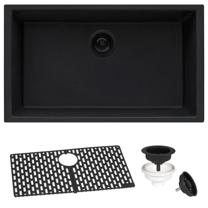 epiGranite Model: RVG2027BK Ruvati 27 x 18 inch Granite Composite Quartz Undermount Single Bowl Kitchen Sink – Midnight Black – RVG2027BK