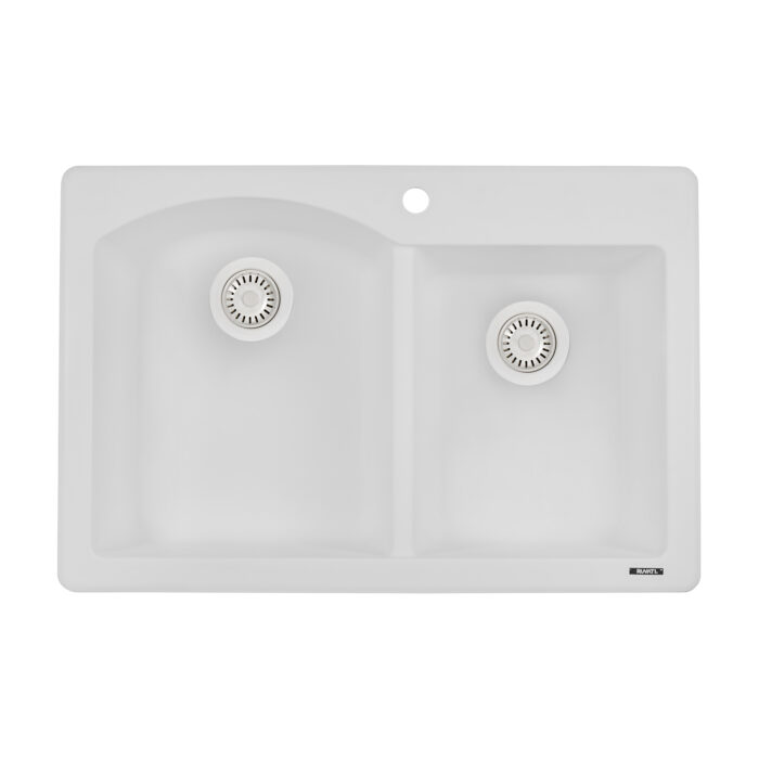 epiGranite Model: RVG1344WH Ruvati 33 x 22 inch epiGranite Drop-in Topmount Granite Composite Quartz Double Bowl Kitchen Sink – Arctic White Matte – RVG1344WH