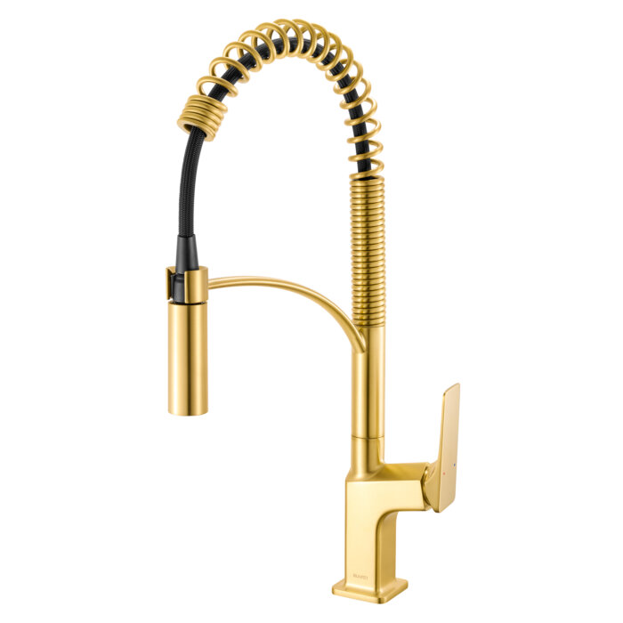 Seneca Model: RVF1236SG Ruvati Seneca Single Handle Pull Down Spring Kitchen Faucet with Pre-Rinse Sprayer in Brushed Gold – RVF1236SG