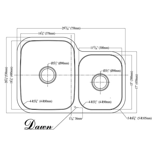 Dawn 30" Stainless Steel Unequal Double Bowl Undermount Kitchen Sink Model# ASU110R