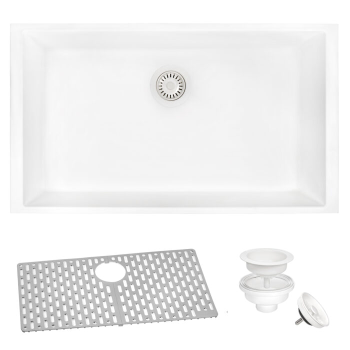 epiGranite Model: RVG2030WH Ruvati 30 x 18 inch Granite Composite Quartz Undermount Single Bowl Kitchen Sink – Arctic White Matte – RVG2030WH