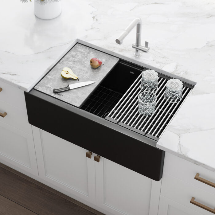 epiCast Ruvati 33" Matte Black Granite Farmhouse Workstation Apron-front Composite Kitchen Sink – Model# RVG1533BK
