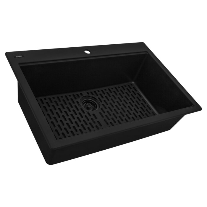 epiGranite Model: RVG1080BK Ruvati 33 x 22 inch epiGranite Drop-in Topmount Granite Composite Quartz Single Bowl Kitchen Sink – Midnight Black – RVG1080BK