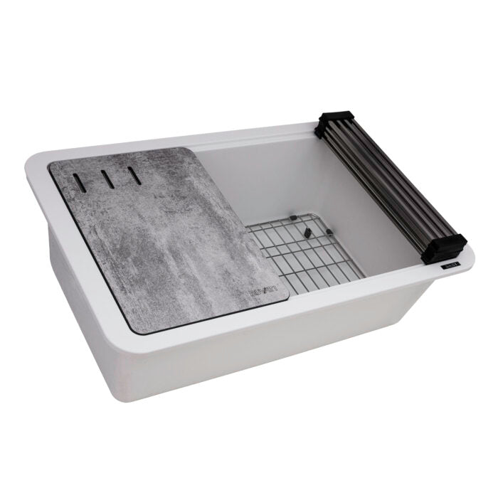 epiStage Model: RVG2310WH Ruvati 30-inch Granite Composite Quartz Workstation Arctic White Matte Undermount Kitchen Sink – RVG2310WH