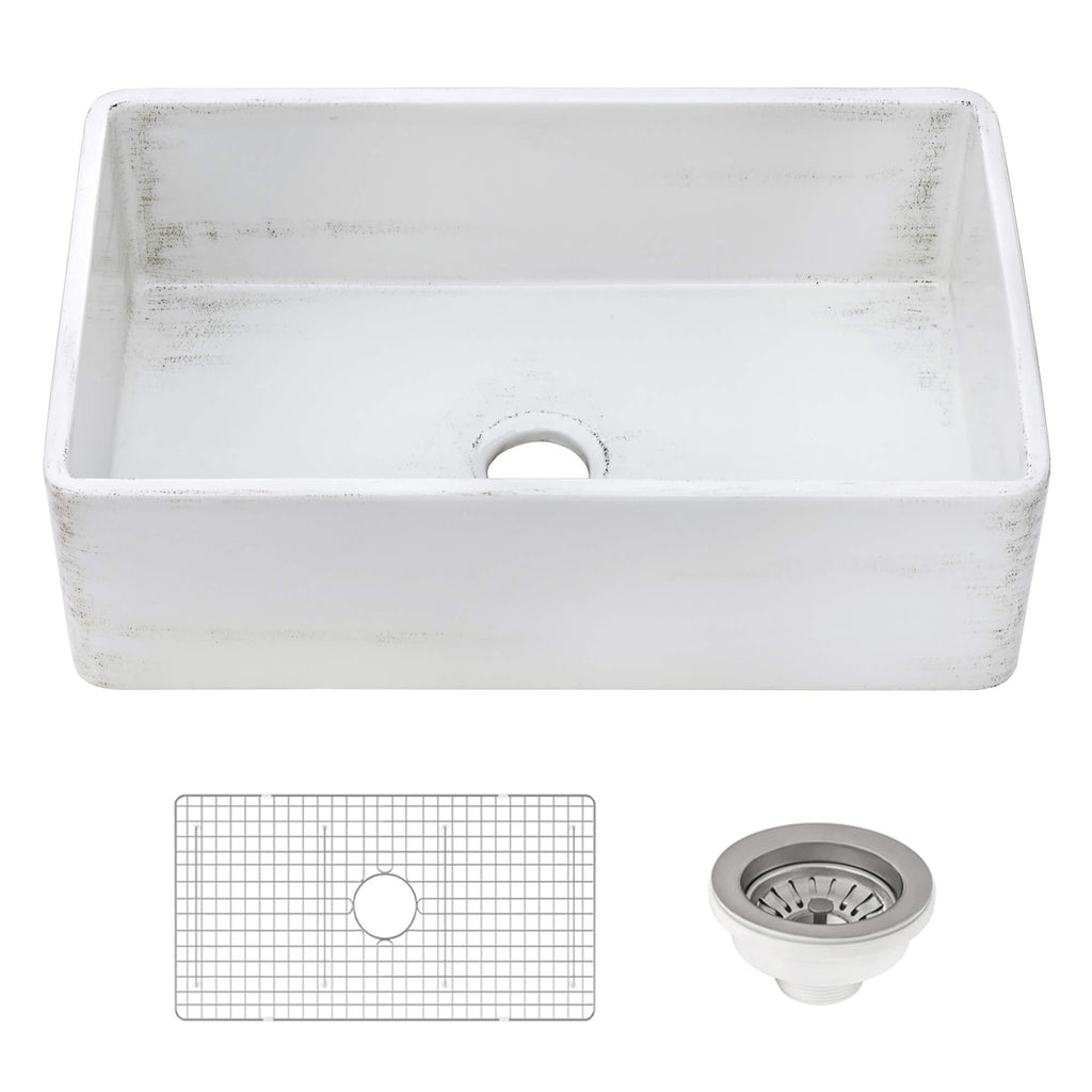 Fiamma Model: RVL2300SW Ruvati 33 x 20 inch Fireclay Reversible Farmhouse Apron-Front Kitchen Sink Specialty Finish – Distressed White – RVL2300SW