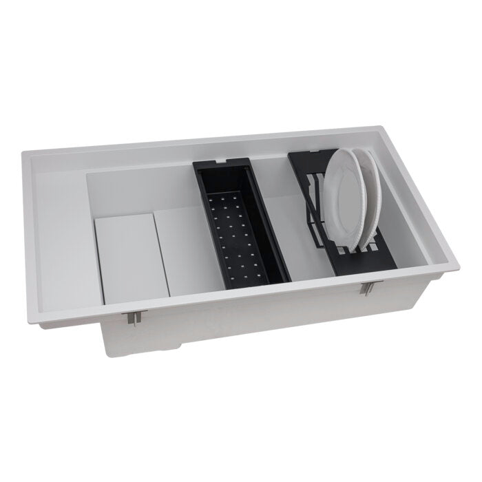 epiStage Model: RVG1650WH Ruvati 18 x 34 inch Granite Composite Quartz Workstation Kitchen Sink epiStage Dual Mount Single Bowl – Arctic White Matte – RVG1650WH