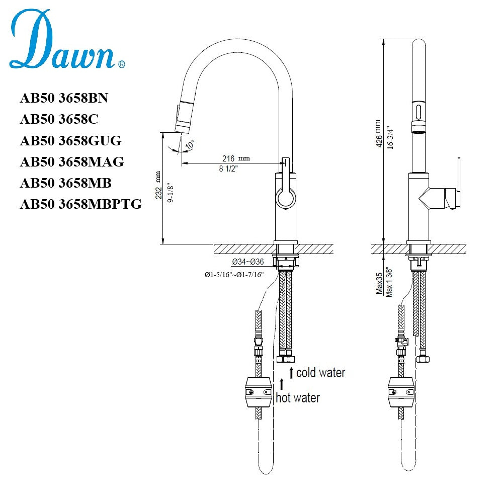 Dawn Single-Lever with Two Functions Pull-out Spray Kitchen Faucet In Spot Free Gold & Matte Black Model# AB50 3658MBPTG