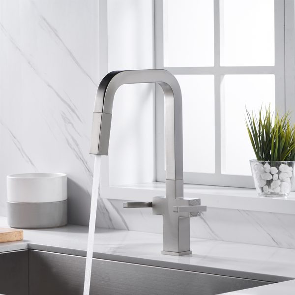 Two Handles 1 Hole High-Arc Kitchen Faucet in Brushed Nickel Model# KSK1219BN