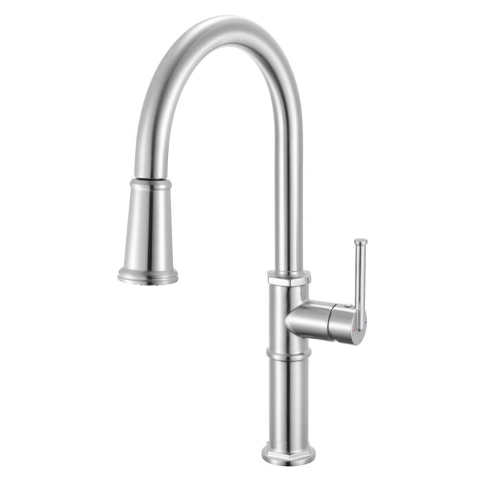 Idris Model: RVF1239BN Ruvati Idris Single Handle Pull Down Kitchen Contemporary Art Deco Faucet with Sprayer in Stainless Steel – RVF1239BN