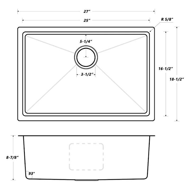 27″ Handmade Undermount Single Bowl Stainless Steel Kitchen Sink- Model #KSH27189L