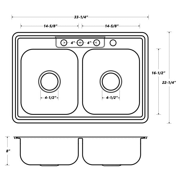 Oakland 33″ Drop-In Top Mount Stainless Steel 50/50 Double Bowl Kitchen Sink 4 Hole Model# KST332288B-4