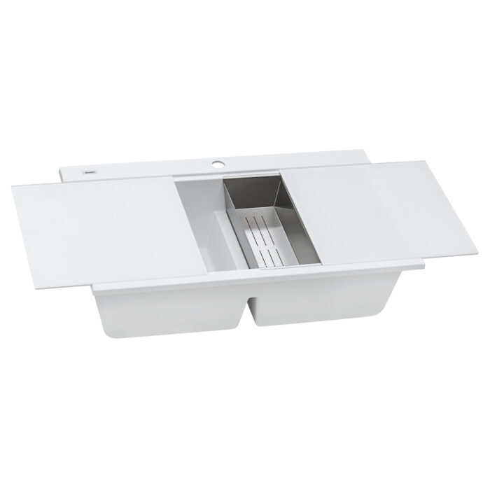 epiGranite Model: RVG1350WH Ruvati 34 inch epiGranite Drop-in Topmount Workstation Ledge Granite Composite Quartz Kitchen Sink – Arctic White Matte – RVG1350WH