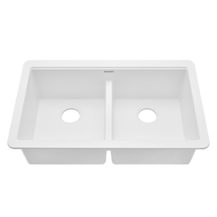 epiGranite Model: RVG2385WH Ruvati 33 x 19 inch Granite Composite Quartz Undermount Double Bowl Low Divide Kitchen Sink – Arctic White Matte – RVG2385WH