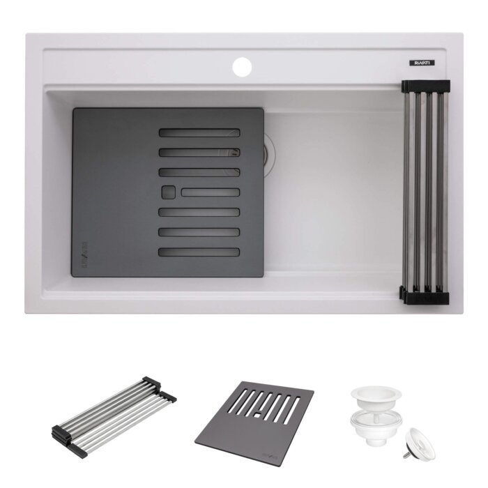 epiCube Model: RVG1634WH Ruvati 34-inch epiCube Granite Composite Quartz Workstation Drop-in Topmount Kitchen Sink Arctic White Matte – RVG1634WH