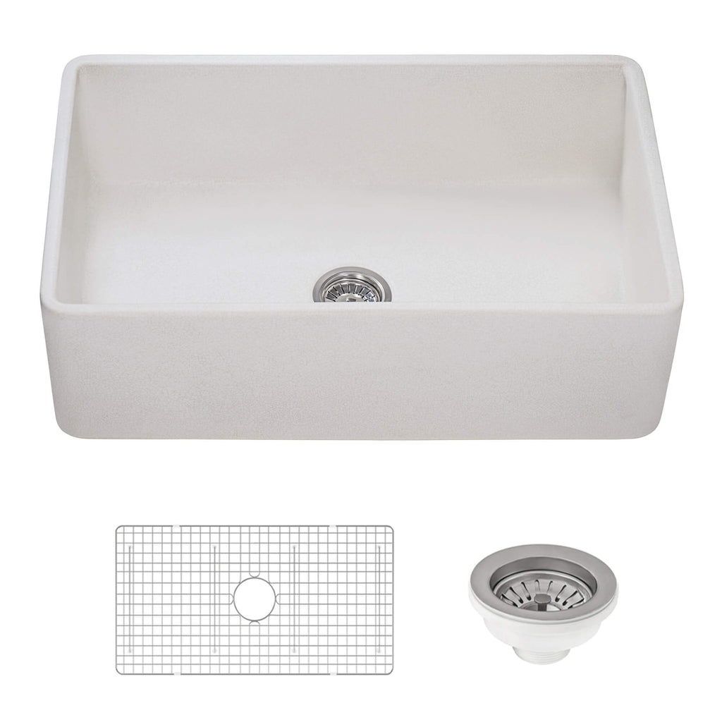 Fiamma Model: RVL2300CR Ruvati 33" x 20" Fireclay Reversible Farmhouse Distressed Finish Apron-Front Kitchen Sink – Crackled White – Model# RVL2300CR