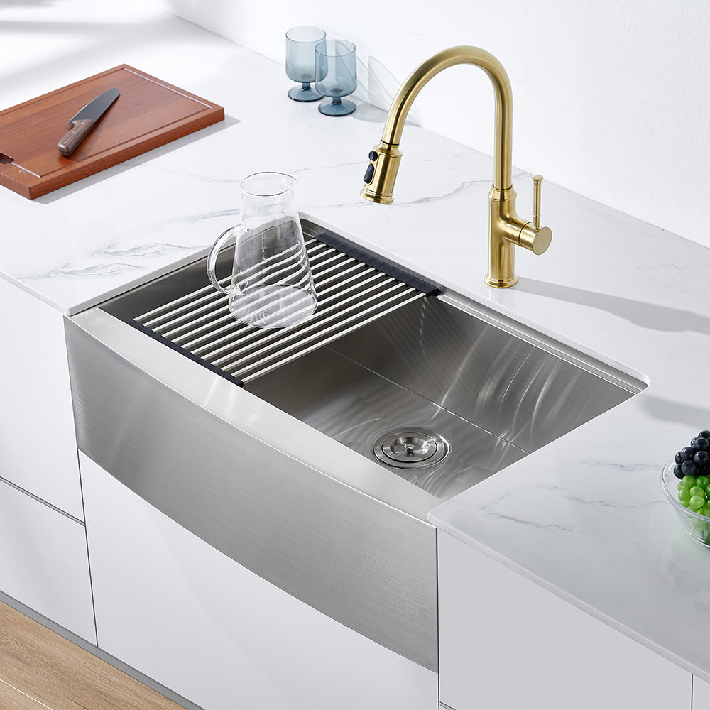 Oakland 30″ Workstation Farmhouse Kitchen Sink 90 Degree Square with Curved Front in Stainless Steel Model# WSF302110SS