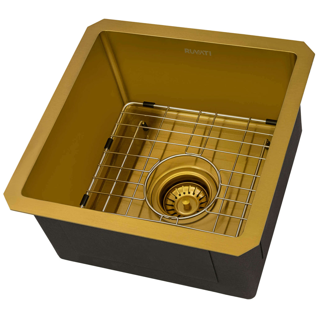 Terraza Ruvati 15" Matte Gold Stainless Steel Undermount Bar Prep 16 Gauge Kitchen Sink – Model# RVH7015GG