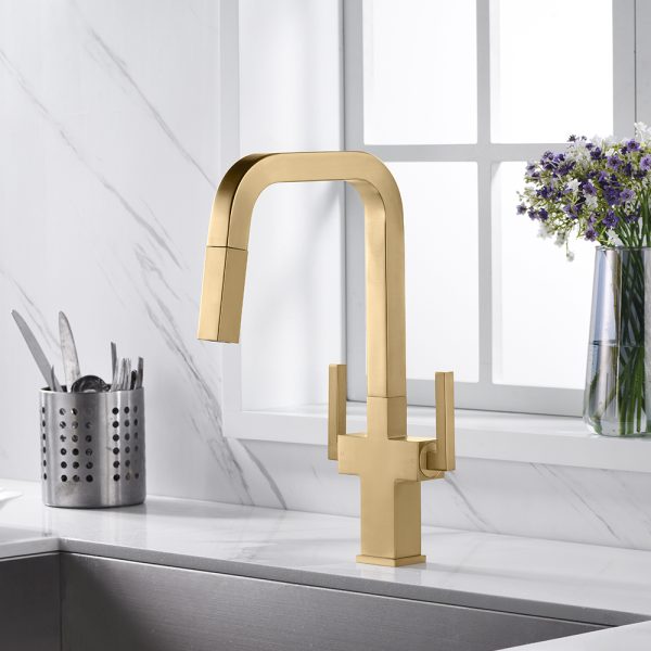 Two Handles 1 Hole High-Arc Kitchen Faucet in Satin Gold Model# KSK1219SG