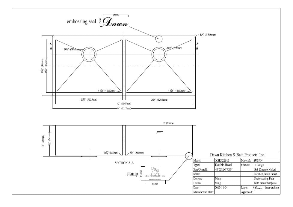 Dawn Undermount Equal Double Bowl Small Radius Extra-Large Stainless-Steel Kitchen Sink Model# XSR421616